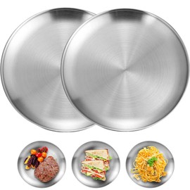 SHSHbuy 2 Pieces Stainless Steel Round Tableware Stainless Steel Plate Camping Plate Saucer Stainless Steel Plate Serving Plate for Camping Kitchen Party 20 cm