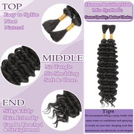 Human Braiding Hair Mix Synthetic Boho Hair for Braiding, 16 Inch Deep Wave Bulk for Boho Braids 2 Pcs Curly Bohemian Wet and Wavy Braiding Hair (4#, 16 Inch)