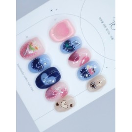 Handmade nail tips -  Fluffy, heart package  - Short square / 수제네일팁 -  두둥실, 하트꾸러미  - 숏 스퀘어