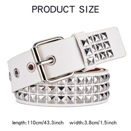 SNCEAW Studded Belt, Metal Punk Rock Rivet belt with Bright Pyramid Studded for Women Men (White Studded, Fit Pant 45-50 inch)