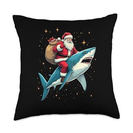 Santa Claus Riding Shark Men Boys Funny Christmas Shark Throw Pillow