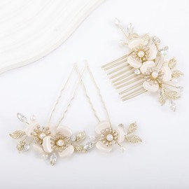 Haodeliy Hair Ornament, Headdress, Comb, U-Pin, 5-Piece Set, Popular, Hair Accessory, Beautiful Floral Pattern, Tree Leaf Motif, Pearl, Hair Ornament, Handmade, Wedding Headdress Weddings, Graduation