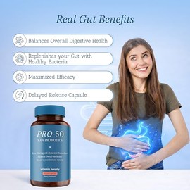 Vitamin Bounty Pro-50 - Probiotics for Women & Men - 50 Billion CFU - 13 Strains Probiotic + Prebiotic - Probiotics for Digestive Health - Delayed Rel