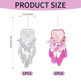 VEHYEGOI 2 Pieces Heart-Shaped Feather Dream Catchers, Wall Hanging Dream Catchers, Lace Dream Catchers, Home Dream Catchers, Office Wind Chime Hangings, Bedroom Decorations
