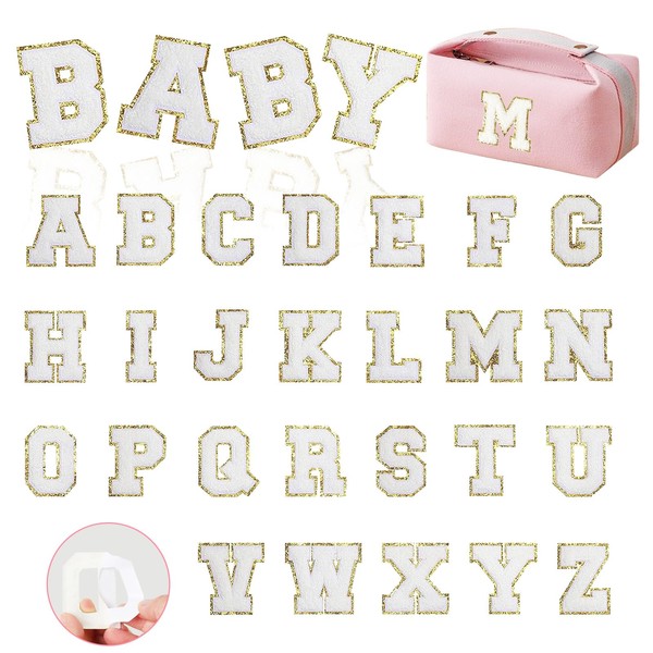 MXCOIRTP Self-Adhesive Chenille Letters Patches, 26PCS White Letter Stickers on