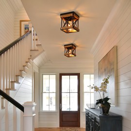 2 Pack Rustic Farmhouse Wood Flush Mount Ceiling Light Fixture Oak Wood and Metal Square Cage Small Semi Flush Mount Ceiling Light for Kitchen Hallway Entryway Bedroom Farmhouse Country, Black