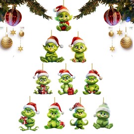 Zixrmor Pack of 10 Grinch Christmas Pendants, 2024 Grinch Christmas Decoration, with Elastic Cord 2D Acrylic Pendants, Merry Christmas Decorations for Christmas Tree Decoration, Holiday, Party (10)