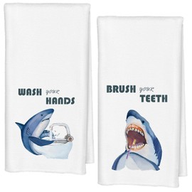 Qabliqo Shark Decor Kids Bathroom Hand Towels Set of 2, Wash Your Hands Decor Hand Towels for Kids Bathroom, Shark Lovers Themed Gifts, 16x24 Inches
