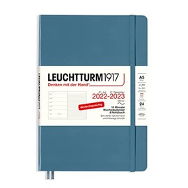 LEUCHTTURM1917 365810 Weekly Calendar & Notebook Softcover Medium (A5) 2023, 18 Months, Stone Blue, German