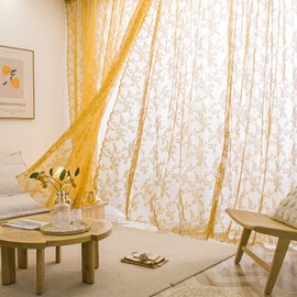 Sutuo Home - Juego de 2 cortinas de encaje dorado de 96 pulgadas de largo, paneles transparentes, bordado floral, estilo clásico, tratamiento de ventana para recámara, sala de estar, cocina, bolsillo