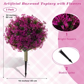 Yunlly 24'' Set of 2 Artificial Topiary Ball Tree with Flowers Artificial Plants Outdoor, Faux Shrubs Bushes with Ground Spike Realistic UV Resistant Fake Greenery Plant for Porch Indoor(Red Purple)