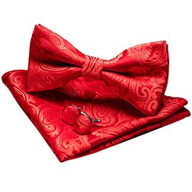 JEMYGINS Men's Paisley Pattern Bow Tie, Cuffs, Buttons, Handkerchief Set, Formal, Business, Weddings, Gift, red