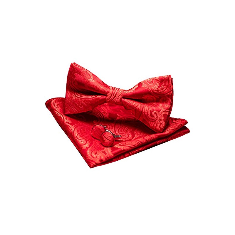JEMYGINS Men's Paisley Pattern Bow Tie, Cuffs, Buttons, Handkerchief Set,