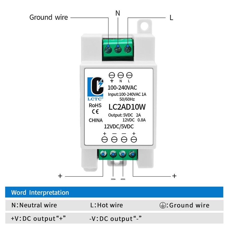 5V 12V Power Supply din Rail，2A 0.8A,Dual Output 10W,Input 100-240Vac,120VAC