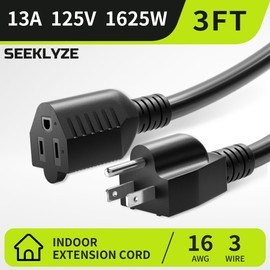 16/3 Black 3FT (2Pack) Extension Cord Indoor, Short Extension Cord for Laptops, Coffee Makers, Office Home Appliances, 3 Prong Small Resistant Cable Flexible, 13A 125V 1625W ETL Listed