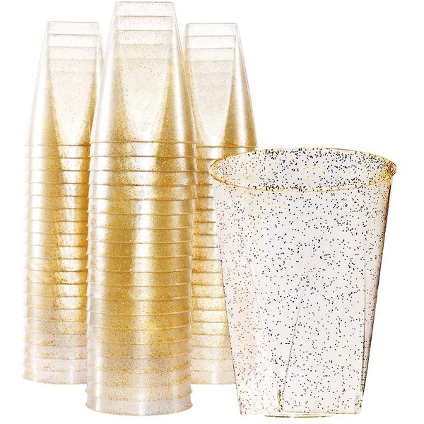 BUCLA 100Pack Gold Glitter Plastic Cups-12oz Plastic Square Cups-Wedding/Party Disposable Cups-Premium Disposable Tumblers