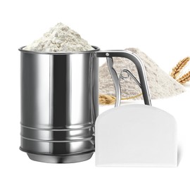 Zoeynex 3-Cup Flour Sifter for Baking, Stainless Steel One-Hand Press Sifter with Double-Layer Fine Mesh - Includes Bonus Dough Scraper/Cutter for Bread & Pastry (White)