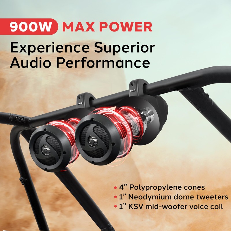 Pyle 4” Waterproof Off-Road Speakers, 900W Compact Power Sport Speaker