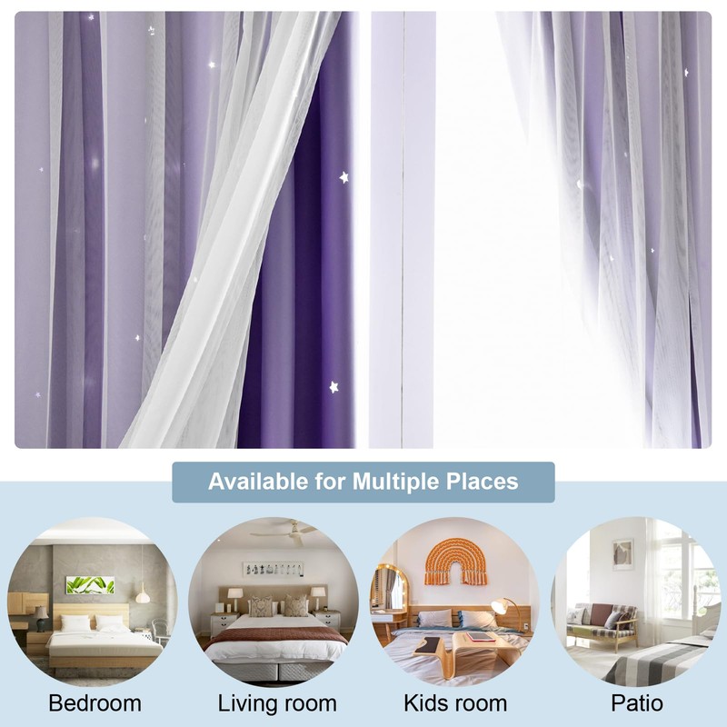 Azurehop Double Layer Star Rainbow Curtains, Kids Nursery Blackout Princess