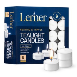 Lerner Tealight Candles, 100 Count| 8 Hours Long-Burning White Tea Light Candles| Non-Toxic, Smokeless & Soot-Free Tea Light Warmer Candles | Unscented Party, Décor, Shabbat Tea Candles