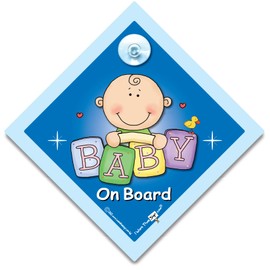 Baby On Board Sign Blue Bricks, Baby Boy On Board Car Sign, Grandchild On Board Car Sign, High Visibility Advisory Car Sign Designed to Let Other Road Users a Child is in The Car, 14 cm x 14cm x 2cm