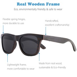 An Swallow Mens Wooden Sunglasses Polarised for Men Women, Womens Wood Sunglasses Bamboo Case with Strap (Black Wood, Grey Lens)