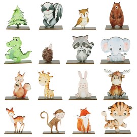 16 Pcs Woodland Animals Table Centerpieces, Painted Wood Animal Cutouts Cute Wooden Forest Animal Table Toppers Decor for Baby Shower Birthday Woodland Theme Camp Party Decorations Supplies