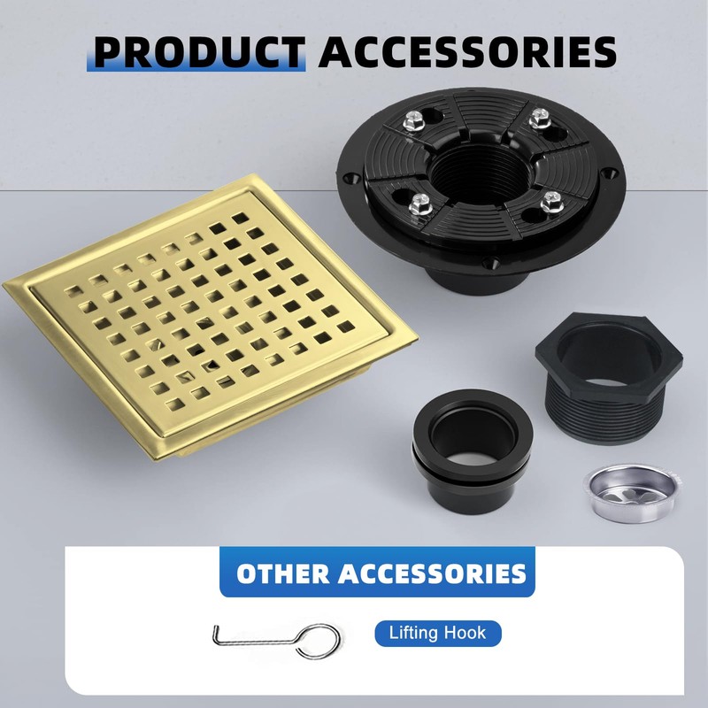 morefine Gold Shower Drain 6 inch with Flange, Square Shower