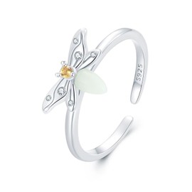 Qings Firefly Ring for Women, 925 Sterling Silver Glow in the Dark Adjustable Animal Rings, Luminous Bee Open Animal Ring for Women Girls, Glass, Cubic Zirconia