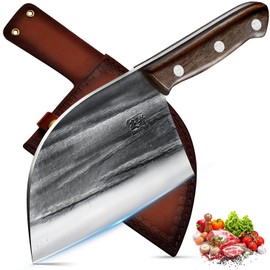 ENOKING 6.7 Inch Serbian Chef's Knife, Chef's Cleaver, Kitchen Knives, Set with Leather Sheath, Carry, Butcher with Dark Leather Sheath (Brown handle)