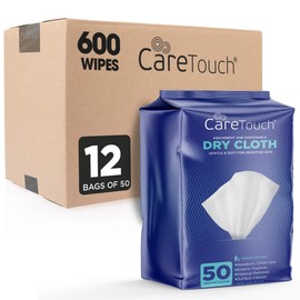 Care Touch Dry Cleaning Cloth Wipes - 600ct Disposable Washcloths for Baby & Adult, Ultra Soft Cleansing Wipes for baby wipes, incontinence care, removing makeup & cleaning surfaces (12 Packs of 50ct)