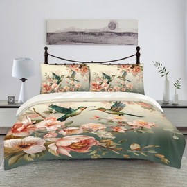 ZFRXIGN Flower Hummingbirds Bedding Set Queen Size Comforter Set 3 Pieces Bedspread Pillow Cases Bedding Blanket Cozy Comforter Women Duvet Covers Girls Bedroom Decor