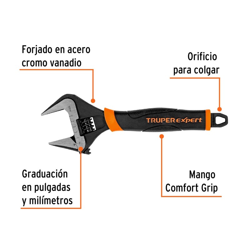Truper Expert PET-8XA Llave ajustable (perico) 8" boca ancha Comfort