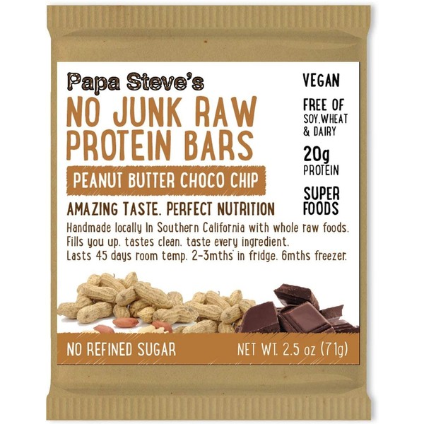 Papa Steve's No Junk Raw Protein Bars, Dairy Free Peanut Butter Choco Chip, 2.5 Oz, 10 Count