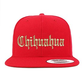 Trendy Apparel Shop Old English Chihuahua Gold Embroidered Flatbill Snapback Baseball Cap- Red