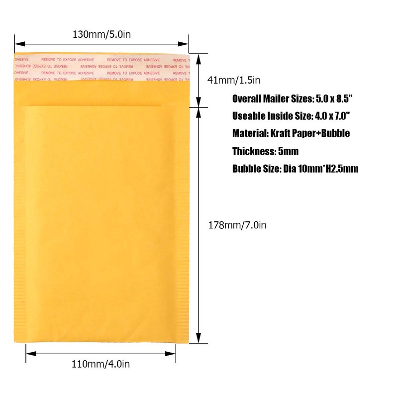 Acrux7 5 x 7" Bubble Mailers, Padded Mailing Envelopes 50