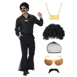 Mens 70s Disco Outfits Costume, 7Pcs Retro Shirt Bell Bottom Pants Wig Sunglasses Necklace Wig Cap for Disco Party