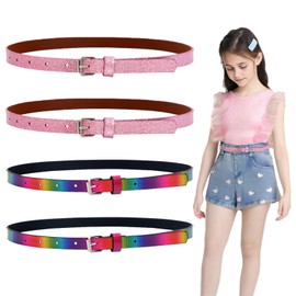 TUONYIS 4 Pack Thin Belt for Girls Girls Belts Adjustable Belts Girl's Glitter Belt PU Leather Belt Cute Shiny Belt Kids Skinny Belt for Boys Girls Ladies Belt Waist Belt for Kids Dress (Color, pink)