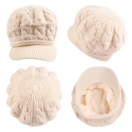 PESAAT Twist Women Visor Hat Warm Fleece Lined Beret Hats Winter Knit Hats for Women (Beige)