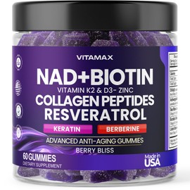 Vitamax - Gomitas antienvejecimiento NAD +, resveratrol, berberina y biotina, suplemento para cabello, piel, uñas y articulaciones, pépti...