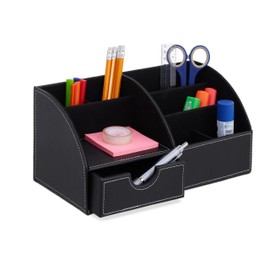 Relaxdays Desk Organiser, Office Organiser with 6 Compartments & Drawer, H x D: 14 x 28.5 x 15 cm, Pen Holder, Black