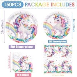 XIENBLOC 150pcs Unicorn Plates and Napkins Unicorn Birthday Party Supplies Paper Disposable Tableware Set Dessert Plates for Girls Birthday Decorations 50 Guests