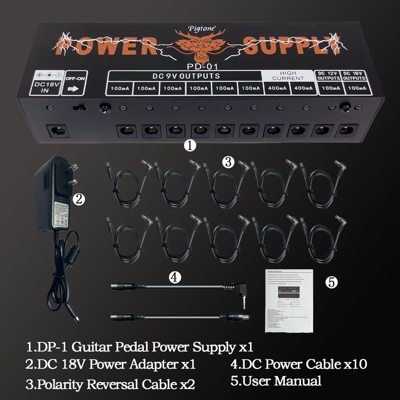 Pigtone PD-01 Guitar Pedal Power Supply 10 Isolated DC Output