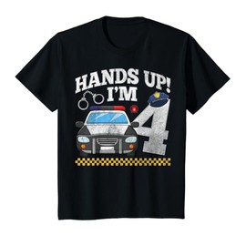 Kids Hands Up I'm 4 Police Car Four years Old 4th Birthday Party T-Shirt