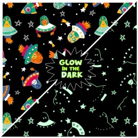 Clothworks BLAST OFF Astronaut ALIEN GLOW IN THE DARK Children's SPACE quilt fabric BTHY