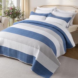 GOONE King Patchwork Quilt Set, 3-Piece Patchwork King Quilt with Colour-Blocking Check Design, Lightweight Microfiber Bedspread Includes 2 Pillow Shams, Reversible Bedding Set for All-Season