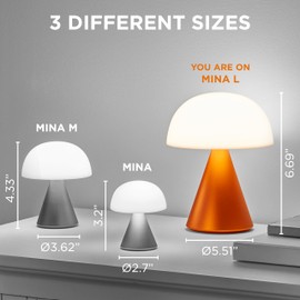 Lexon Mina L Mushroom Lamp - 9 LED Color Table Lamp for Bedrooms, Living Room & Office - Cordless, Rechargeable with 24h Light & Dimmer, Aluminum, Large - Orange