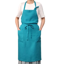 [LINEN & BASIC] Apron (Linen/Teal Blue) Color Variations, Easy to Remove Stains, No Metal Fittings, Pockets, Laces, Elegant, Made in Japan (Total Length 34.3 inches (87 cm), Width 41.3 inches (105