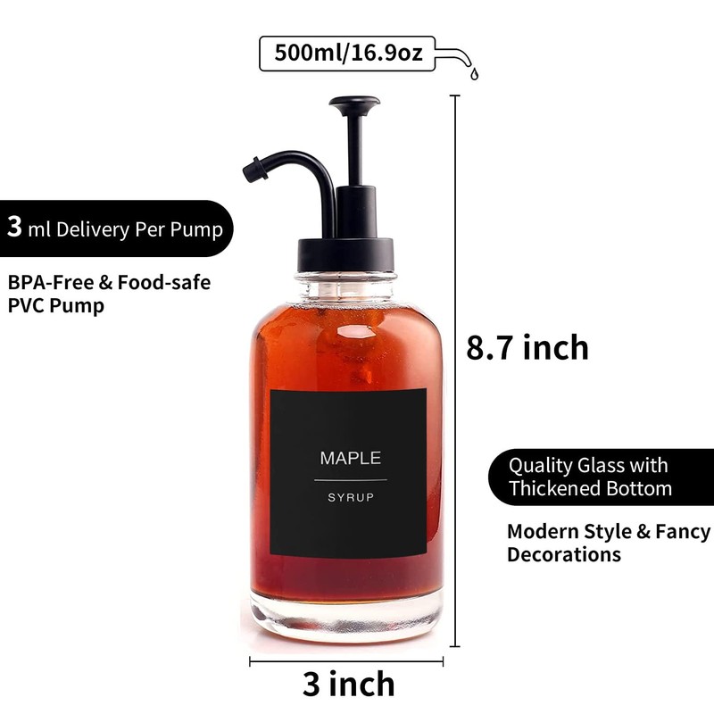 Glass Coffee Syrup Dispenser with 84 Labels (Set of 2),