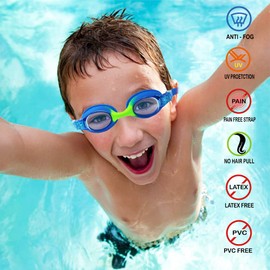 RUIGAO Swim Goggles For Kids 3-6, Toddler Swimming Goggles No Hair Pull, Kids Goggles with Case/Padded Fabric Strap (1PK - Blue FishFish)